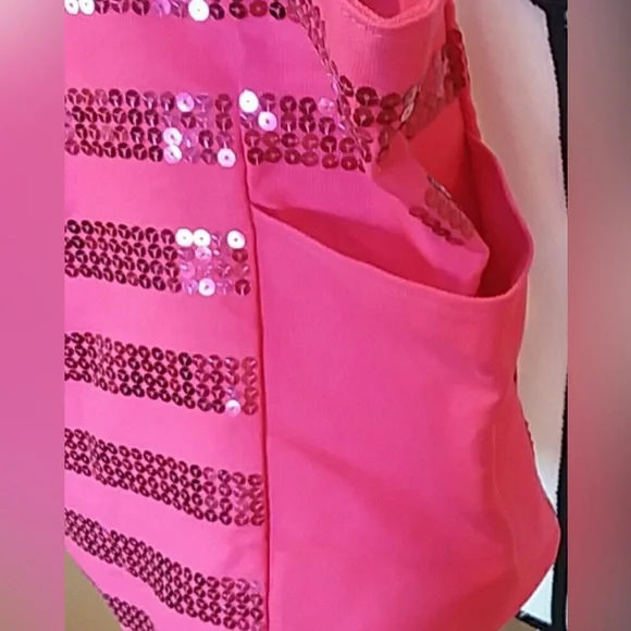 Victoria Secret Hot Pink Sequin Tote Canvas Striped Overnight Shoulder Bag New - Picture 8 of 14